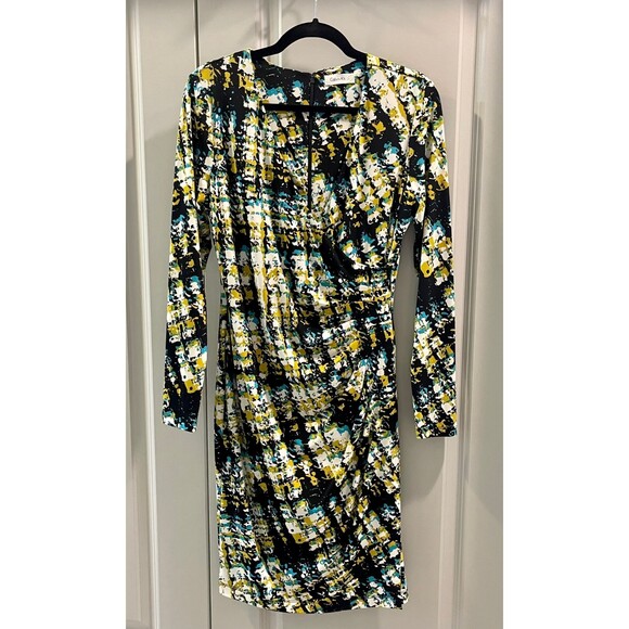 CALVIN KLEIN Surplice Gathered Waist Print Dress, Sz 8 - Picture 1 of 7